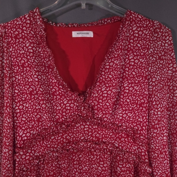 Mopogoss Chiffon Ruffle Dress Size Large Red and White Leopard Print Long Sleeve - Picture 2 of 13
